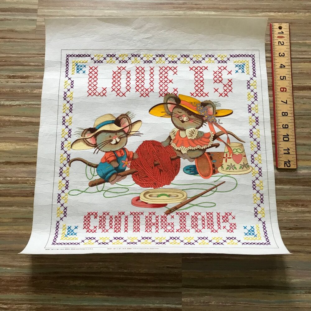 Love is Contagious Completed Wall Hanging Artex Tri-Chem Painting w/ Embroidery